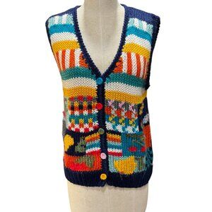 Vintage 70s Uno & Una Cherry Patchwork Knit Sweater Vest Folk Art Acrylic Small